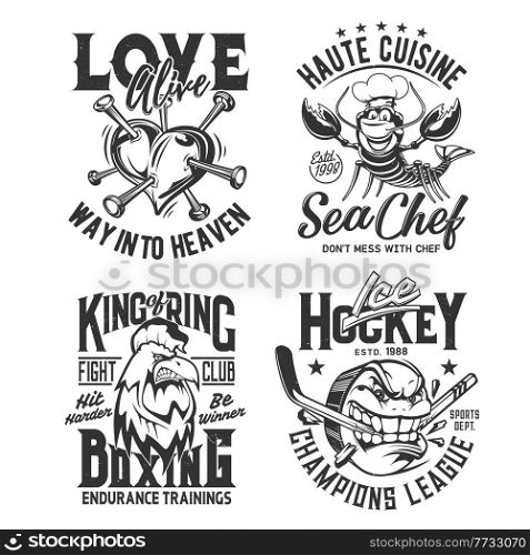 T shirt prints, sport club league, heart, ice hockey and boxing, vector. Fighting club team and champion tee apparel, broken heart tattoo, cuisine chef crab, angry rooster and hockey puck with teeth. T shirt prints, sport club league, heart, hockey