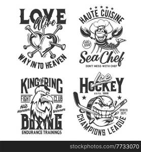 T shirt prints, sport club league, heart, ice hockey and boxing, vector. Fighting club team and champion tee apparel, broken heart tattoo, cuisine chef crab, angry rooster and hockey puck with teeth. T shirt prints, sport club league, heart, hockey