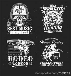 T-shirt prints. Vector isolated skull in headphones, wild bobcat, american rodeo cowboy and horse racing. Mmusic records, hunting club, american horned bull and mustang on races. Print on t-shirt. Music, hunting, racing and rodeo