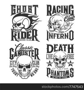T-shirt prints with skull vector mascot for racers club or bikers society emblem with cranium, death head in fire. T shirt print, tattoo or monochrome emblem or label with typography ghost rider. T-shirt prints with devil skull