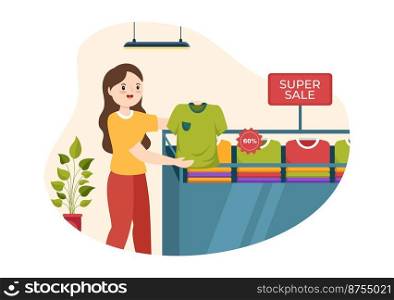 T shirt Store for Buying New Products Clothing or Outfit with Various Color and Model in Flat Cartoon Hand Drawn Templates Illustration