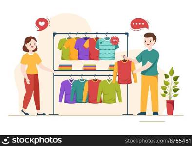 T shirt Store for Buying New Products Clothing or Outfit with Various Color and Model in Flat Cartoon Hand Drawn Templates Illustration