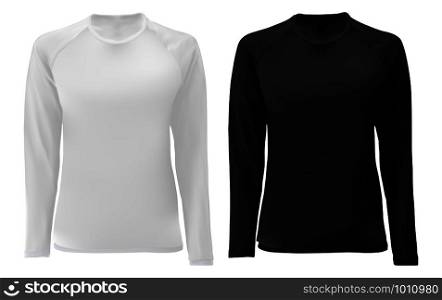 T shirt template. Long sleeve black, white design for male and female. Front view. Isolated clothing printing mock up of sportswear apparel. Undershirt soccer uniform. Dark tee short