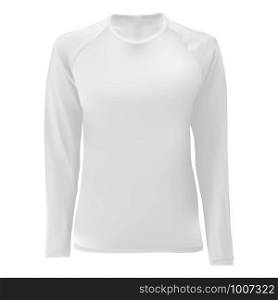 T shirt template. White blank front view. Women long sleeve body. Female apparel. Sport uniform undershirt. Tshirt clothing mock up for printing. Tee shirt for young. Editable print design. T shirt template. White blank front view. Women