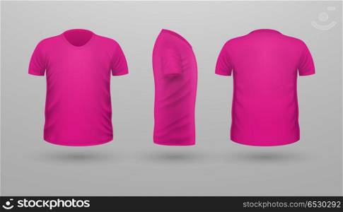 T-shirt Teplate Set. Front Side Back View. Vector. T-shirt template set, front, side, back view. Pink color. Realistic vector illustration in flat style. Sport clothing. Casual men wear. Cotton unisex polo outfit. Fashionable apparel.