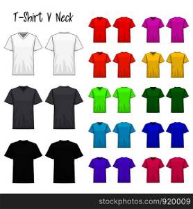 T-Shirt v neck color collection set for your design , mockup advertising , blank for printing , vector illustration , whit black grey red orange yellow green blue purple pink color
