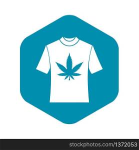 T-shirt with print of cannabis icon in simple style isolated on white background. Clothing symbol. T-shirt with print of cannabis icon, simple style