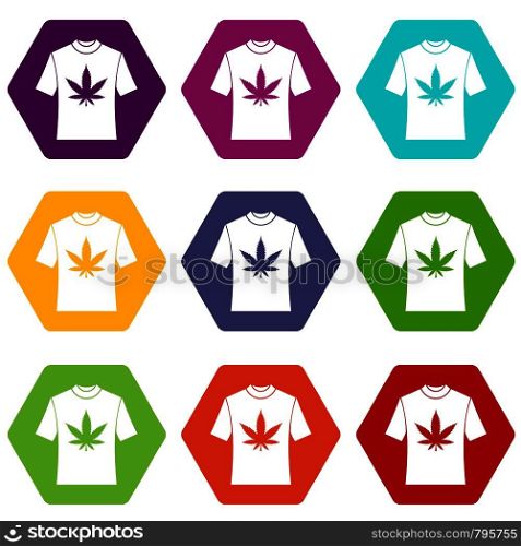 T-shirt with print of cannabis icon set many color hexahedron isolated on white vector illustration. T-shirt with print of cannabis icon set color hexahedron