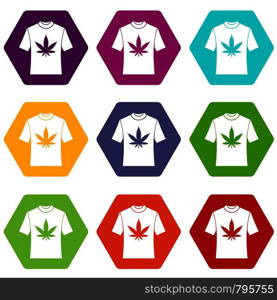 T-shirt with print of cannabis icon set many color hexahedron isolated on white vector illustration. T-shirt with print of cannabis icon set color hexahedron