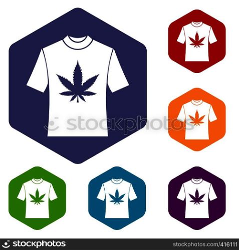 T-shirt with print of cannabis icons set rhombus in different colors isolated on white background. T-shirt with print of cannabis icons set