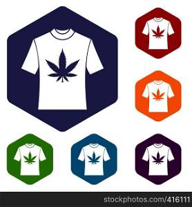 T-shirt with print of cannabis icons set rhombus in different colors isolated on white background. T-shirt with print of cannabis icons set