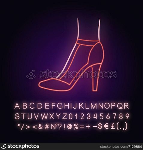 T-strap high heels neon light icon. Woman stylish retro footwear design. Female casual shoes, luxury modern stilettos. Glowing sign with alphabet, numbers and symbols. Vector isolated illustration