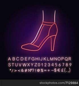 T-strap high heels neon light icon. Woman stylish retro footwear design. Female casual shoes, luxury modern stilettos. Glowing sign with alphabet, numbers and symbols. Vector isolated illustration