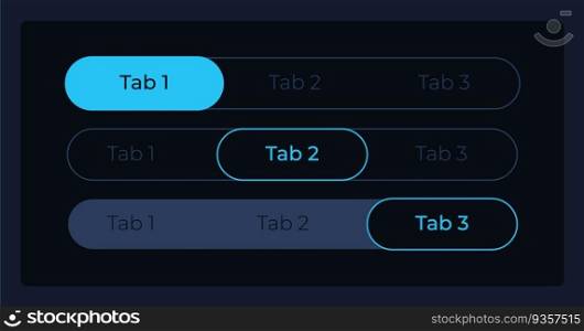 Tab bar menu UI elements kit. Page header isolated vector components. Flat navigation menus and interface buttons template. Dark theme web design widget collection for mobile application. Tab bar menu UI elements kit