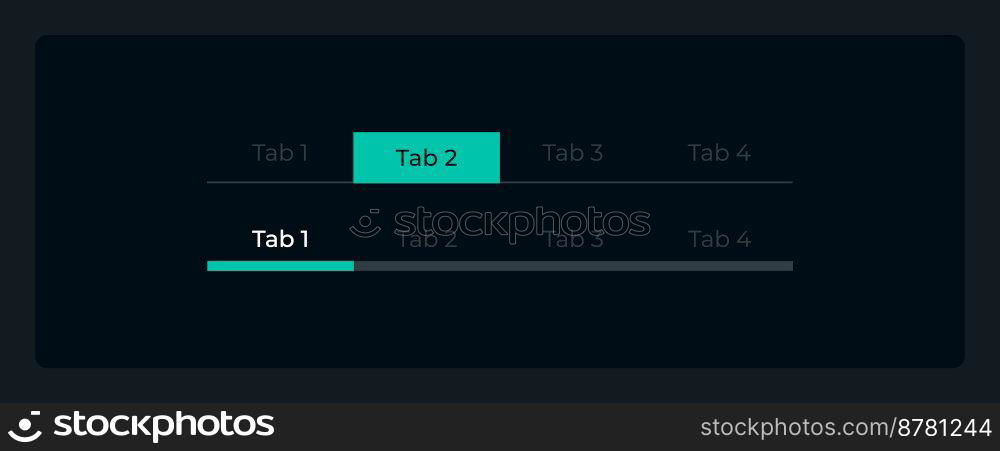 Tab bar menu UI elements kit. Website sections isolated vector components. Flat navigation menus and interface buttons template. Web design widget collection for mobile application with dark theme. Tab bar menu UI elements kit