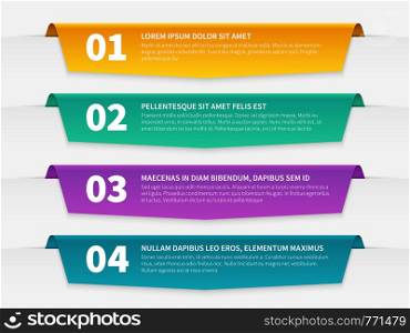 Tabbed labels. Color infographic banners leaflet template, infographics numbered ribbon tags with text. 3d info report vector steps numbers gradient for web used timeline. Tabbed labels. Color infographic banners leaflet template, infographics numbered ribbon tags with text. 3d info report vector timeline