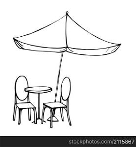 Table and chairs under sun umbrella. Vector sketch illustration. Table and chairs under sun umbrella. Vector illustration