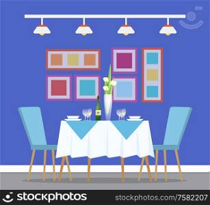 Table and dinner setting, restaurant interior design and furniture vector. Bowl and plate, glasses and champagne or wine, tulips in vase, pictures on wall. Restaurant Interiror, Table and Dinner Setting