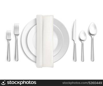 Table Appointments Top View. Table appointments top view 3d design with cutlery napkin and plates on white background isolated vector illustration