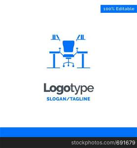 Table, Business, Chair, Computer, Desk, Office, Workplace Blue Solid Logo Template. Place for Tagline