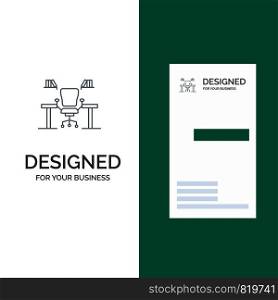Table, Business, Chair, Computer, Desk, Office, Workplace Grey Logo Design and Business Card Template