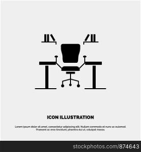 Table, Business, Chair, Computer, Desk, Office, Workplace solid Glyph Icon vector