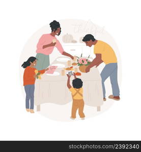 Table decoration isolated cartoon vector illustration. Family preparing for Thanksgiving Day celebration, putting crafts, small presents, cards, candles on the table vector cartoon.. Table decoration isolated cartoon vector illustration.