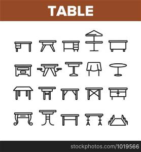 Table Desk Collection Elements Icons Set Vector Thin Line. Antique And Modern, Kitchen And Office, Round And With Umbrella Table Concept Linear Pictograms. Monochrome Contour Illustrations. Table Desk Collection Elements Icons Set Vector