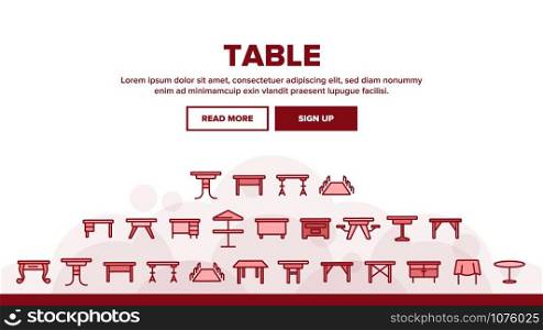 Table Desk Landing Web Page Header Banner Template Vector.. Antique And Modern, Kitchen And Office, Round And With Umbrella Table Illustration. Table Desk Landing Header Vector