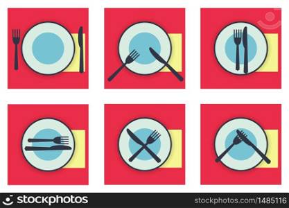 Table etiquette icons set knife and fork plate