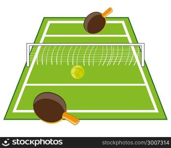 Table for tennis. Tennis table with racket and ball on white background