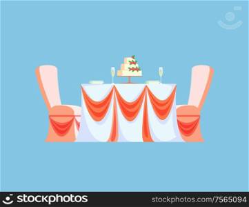 Table for two served by plates, filled champagne in glasses and big wedding cake decorated by roses. Colorful tablecloth and cases for chairs vector. Table Served Plates, Glasses Wedding Cake Vector