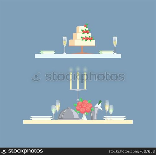 Table for two serving with big wedding cake, ceramic plates and filled with champagne glasses. Board decorated by roses and glowing candles vector. Table for Two Serving with Cake and Glasses Vector