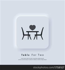 Table for two. Table and chairs. Dining table and chairs for two people. Vector. UI icon. Neumorphic UI UX white user interface web button.