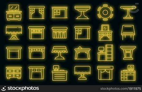 Table icons set. Outline set of table vector icons neon color on black. Table icons set vector neon