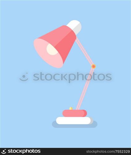 Table lamp flat icon element for work vector. Table lighting device isolated on blue. Office or home illumination, single colorful electric object. Pink Table Lamp Icon, Lighting Equipment Vector
