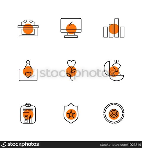 table , monitor , graph , bars , heart , heart , ring ,diamond , clipboard, protected , target ,icon, vector, design, flat, collection, style, creative, icons