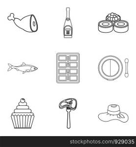 Table setting icons set. Outline set of 9 table setting vector icons for web isolated on white background. Table setting icons set, outline style