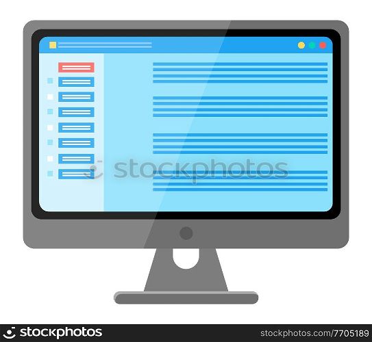 Table software computer screen with financial accounting data, database, information site page. Monitor screen with audit investigation document, landing of an online store, educational resource. Table software computer screen with financial accounting data, database, information site page