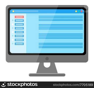 Table software computer screen with financial accounting data, database, information site page. Monitor screen with audit investigation document, landing of an online store, educational resource. Table software computer screen with financial accounting data, database, information site page