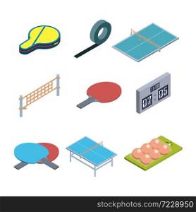Table Tennis Game Equipment Collection Isometric Set Vector. Tennis Rackets And Case, Playing Table And Grid, Balls And Scoreboard. Sport Accessories Leisure Active Time Illustrations. Table Tennis Game Equipment Collection Set Vector