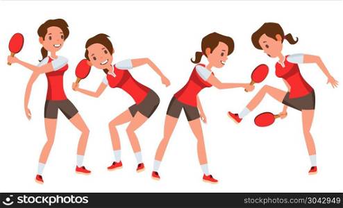 Table Tennis Player Female Vector. Receives The Ball. Stylized Player. Isolated Flat Cartoon Character Illustration. Table Tennis Female Player Vector. In Action. Sports Concept. Stylized Player. Cartoon Character Illustration