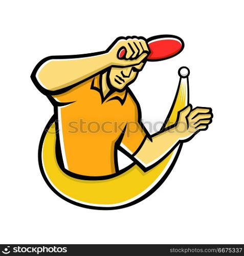 Table Tennis Player Smash Ball Mascot. Mascot icon illustration of a table tennis or ping-pong player smash hit or smashing ping pong ball with paddle or racket viewed from front on isolated background in retro style.. Table Tennis Player Smash Ball Mascot