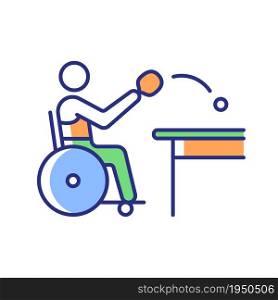 Table tennis RGB color icon. Indoor ball game activity. Hit lightweight ball using racket. Sportsman with physical disability. Isolated vector illustration. Simple filled line drawing. Table tennis RGB color icon