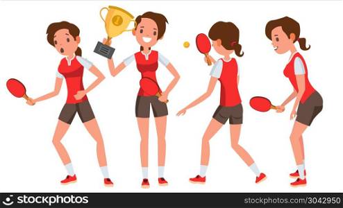 Table Tennis Young Woman Player Vector. Twists The Ball. Ping Pong. Girl Athlete. Flat Cartoon Illustration. Table Tennis Player Female Vector. Receives The Ball. Stylized Player. Isolated Flat Cartoon Character Illustration