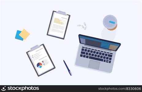 Table top view. Office workplace. Laptop on desk. Paper tablets. Electronic device. Notebook screen. Drink glass and stationery. Analytical report. Work documents. Pen and note pages. Vector workspace. Table top view. Office workplace. Laptop on desk. Paper tablets. Electronic device. Notebook screen. Glass and stationery. Analytical report documents. Pen and note pages. Vector workspace