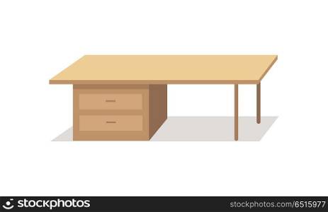 Table Vector Illustration in Flat Design. Table vector in flat style design. Classic desk with wooden drawers and steel legs. Illustration for apartment interior design concepts, furniture shops advertising, app icons. Isolated on white.