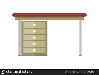 Table Vector Illustration in Flat Design. . Table vector in flat style design. Classic desk with wooden drawers and steel legs. Illustration for apartment interior design concepts, furniture shops advertising, app icons. Isolated on white.