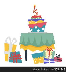 Table with cake and gift boxes birthday party celebration vector confectionery product holiday dessert or treat and candle presents in wrapping paper with bow anniversary greeting and congratulation.. Birthday party table with cake and gift boxes celebration