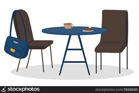 Table with coffee beverage and dessert on plate, couple of nobody chairs with bag isolated on white. Kitchen or coffeehouse furniture with latte and sweet food. Cappuccino drink and bakery vector. Coffee and Cake on Table Cafe Interior Vector